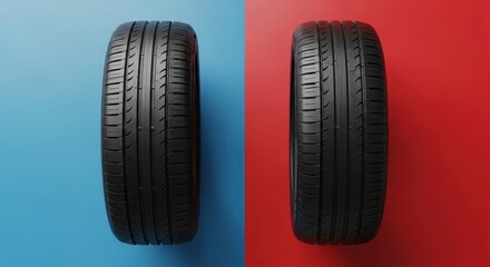 Photo of two car tires are displayed sidebyside against a contrasting blue and red background