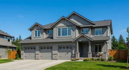 Fototapeta premium Grey home exterior with two garage spaces on a blue sky background. Northwest, USA