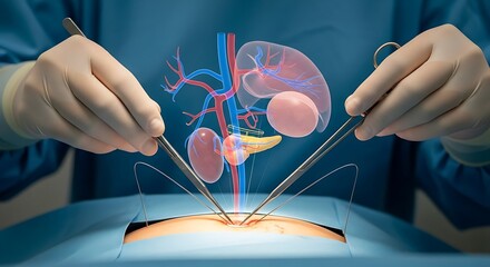 Surgeon performing a kidney transplant operation, using surgical tools on a patient with a holographic display of the organ system.