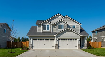 Grey house exterior with two garage spaces on a blue sky background. Northwest, USA