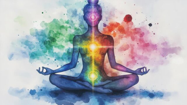 A vibrant, colorful digital  of a person meditating with an open chakra system radiating bright colors and energy. Symbolic of spirituality, healing, and inner peace.