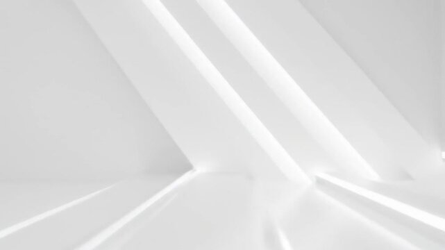 Futuristic minimalist white interior with stark lighting accents. Diagonal lines and planes intersect, creating a clean and modern space