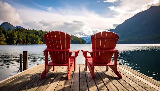 Red Adirondack chairs on a dock overlooking a lake - Powered by Adobe