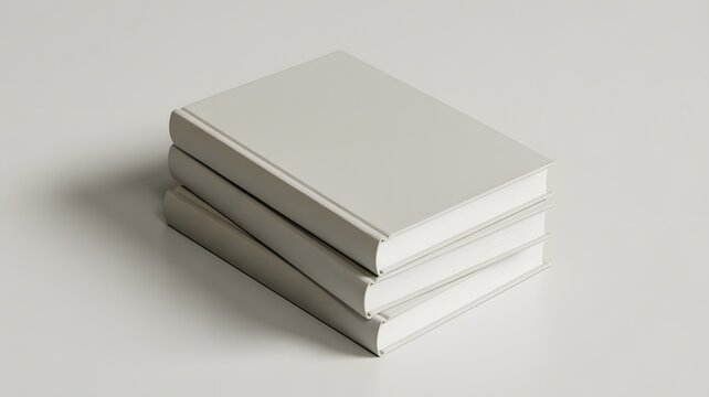 A stack of three plain white hardcover books on a light gray background