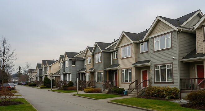 Row of townhomes with concrete pathway in front on couldy day in Vancouver, BC