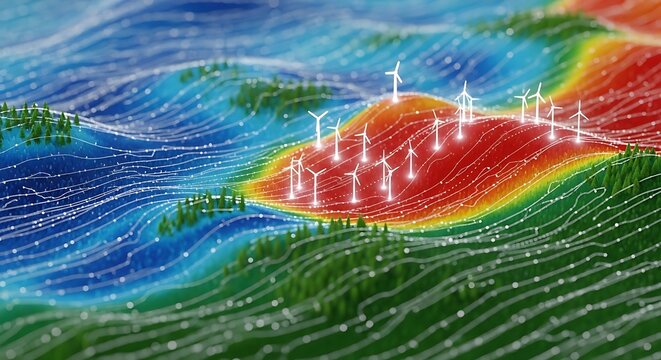 Visualization of wind patterns and wind turbines on a colorful topographic map.