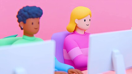 Colorful digital avatars collaborating and focused vibrant virtual workspace with computers, bright office environment, teamwork, and cheerful