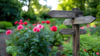 An aged wooden signpost points in various directions amidst a lush rose garden in full bloom, under soft morning light