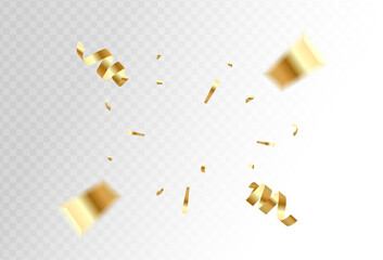 Fototapeta premium Lots of falling golden confetti with ribbons falling on a celebration party background. Vector soft. eps 10 