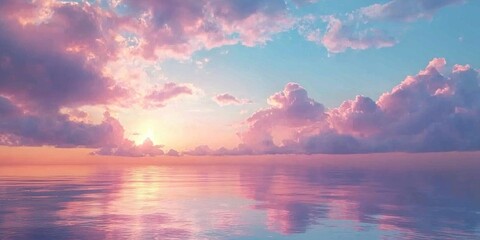 A dreamy pastel-colored sky over a calm ocean, with cotton candy-like clouds