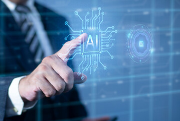 Businessman touching  AI icon on application network system. Artificial intelligence AI, technology smart robotic processes automation and data analysis.