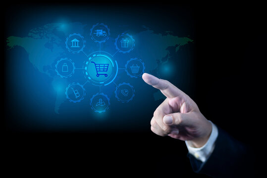 Business man using smartphone with Online shopping digital technology. e-commerce online store marketing for advertising design. sale, retail, cart and business service technology