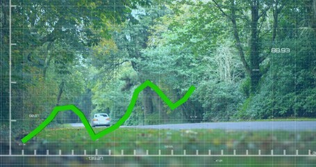 Graph starting low and fluctuating while silver sedan crossing road behind grid visualizing trend - Powered by Adobe