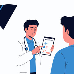 Physician showing medical report on tablet to patient in consultation room, concept for healthcare diagnosis, patient communication and hospital service promotion for telemedicine