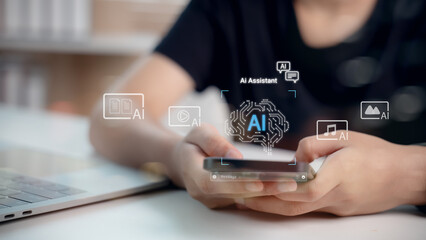 Person using smartphone with AI assistant icons, representing artificial intelligence, voice assistant, smart technology, mobile AI tools, and digital innovation.