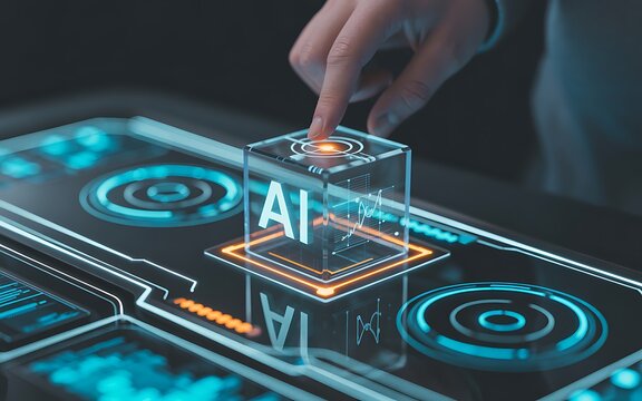 Activating AI power with a tap of the finger on glowing interface to unlock new insights now