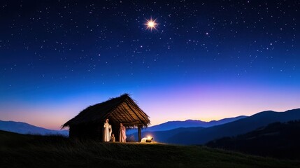 Birth of Jesus illustrated with classic nativity figures and glowing star in night sky