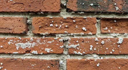 Close up view of weathered red brick wall with efflorescence for construction and design projects