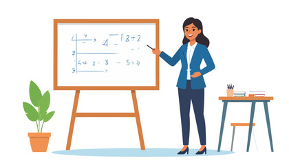 Professional female teacher in a blue blazer smiling and pointing at a math lesson on a whiteboard.
