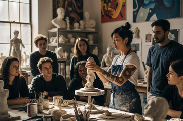 Art Instructor Teaching Sculpture Class – Creative Workshop with Diverse Students in Studio