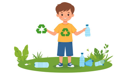 Smiling cartoon boy in a yellow shirt with a recycling logo, holding a plastic bottle and a green recycle symbol.
