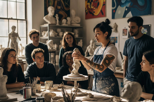 Art Instructor Teaching Sculpture Class – Creative Workshop with Diverse Students in Studio