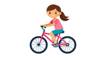 Happy cartoon girl with a brown ponytail riding a colorful pink bicycle. Flat vector illustration.