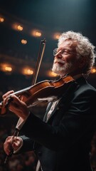 Fototapeta premium close-up, elderly male violinist performing on stage, passionate expression, elegant suit, dramatic concert lighting, blurred audience, authentic, cinematic