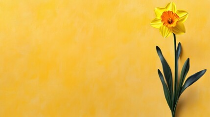 Bright yellow background framing a solitary daffodil in clean lines