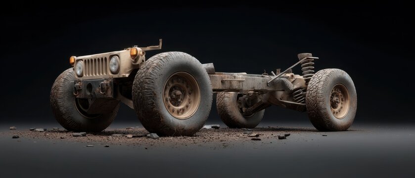 Humvee with severe ied damage and blown out undercarriage on dark background