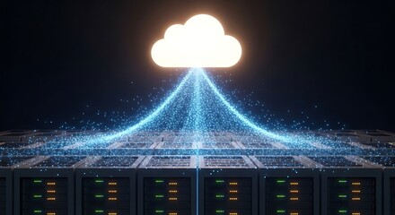 Cloud computing illustration showing data transfer from server racks to a cloud icon against a dark background.