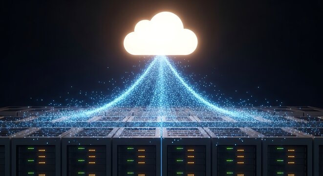 Cloud computing illustration showing data transfer from server racks to a cloud icon against a dark background.