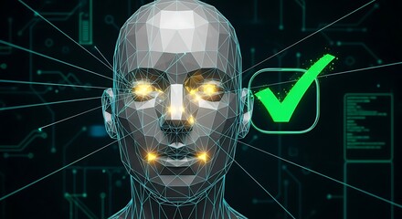 Facial recognition technology authentication, successful identification, digital verification, glowing points.