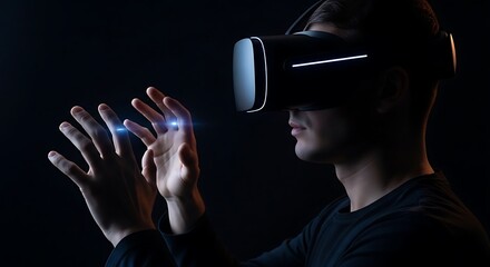 Young man immersed in a virtual reality experience, interacting with digital elements through a headset.