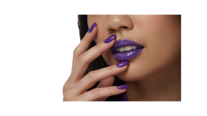 Close-up of Woman's Lips and Nails with Purple Lipstick and Nail Polish