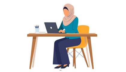 Flat vector illustration of a professional Muslim woman in a hijab typing on a laptop computer at her desk.