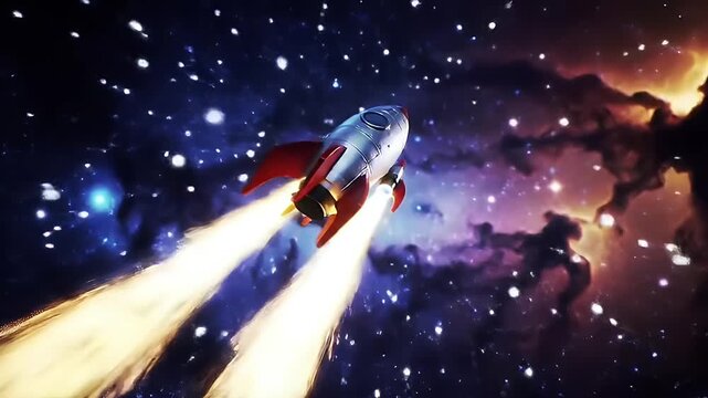 A silver rocket ship with red fins soars through a vibrant, colorful nebula filled with twinkling stars and cosmic dust.