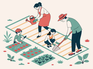 Obraz premium Family happily gardening together in a community garden