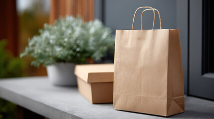 Contactless pizza takeout delivery with food bag and box on porch. Safe and convenient home service for an order