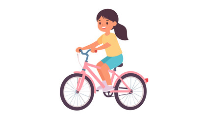 Obraz premium Cheerful cartoon girl with a dark ponytail riding a pink bicycle.