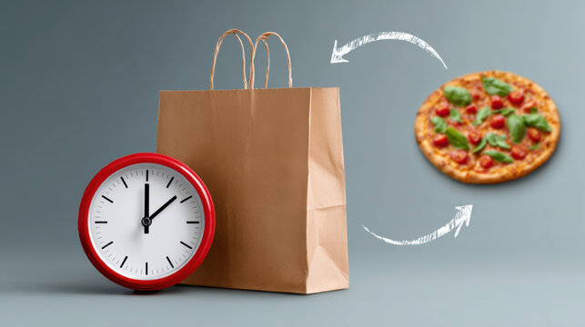 Fast pizza delivery service for quick takeout meal. clock and paper bag illustrate convenient ordering process