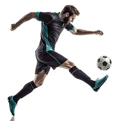 Athletic soccer player kicking ball in mid air