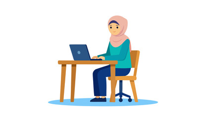 Smiling Muslim woman in a pink hijab and teal shirt working on a laptop at a wooden desk, flat vector illustration.