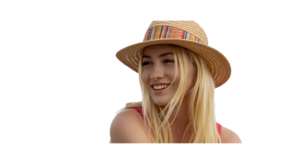 Happy Young Woman in Summer Hat, Smiling Outdoors