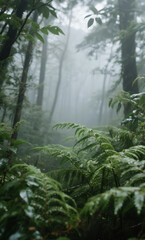 Obraz premium Ethereal view of a foggy forest floor covered with lush green fern fronds on a moody, misty morning.