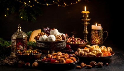 Festive array of assorted nuts, dried fruits, and cheeses