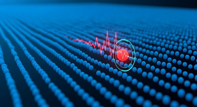 Red sphere anomaly disrupting a pattern of blue spheres, showing a fluctuating graph.