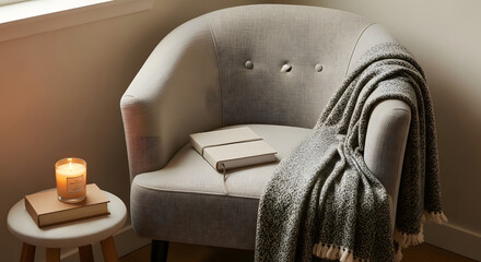 A peaceful corner styled with a neutral armchair draped in a soft blanket, and a linen-bound journal resting on the seat. A candle on a wooden stool glows gently beside it, creating a warm and calming