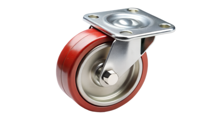 A single red swivel caster wheel with a metal plate for mounting, isolated on a white background