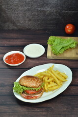 Beef burger with French fries, fresh made and tasty